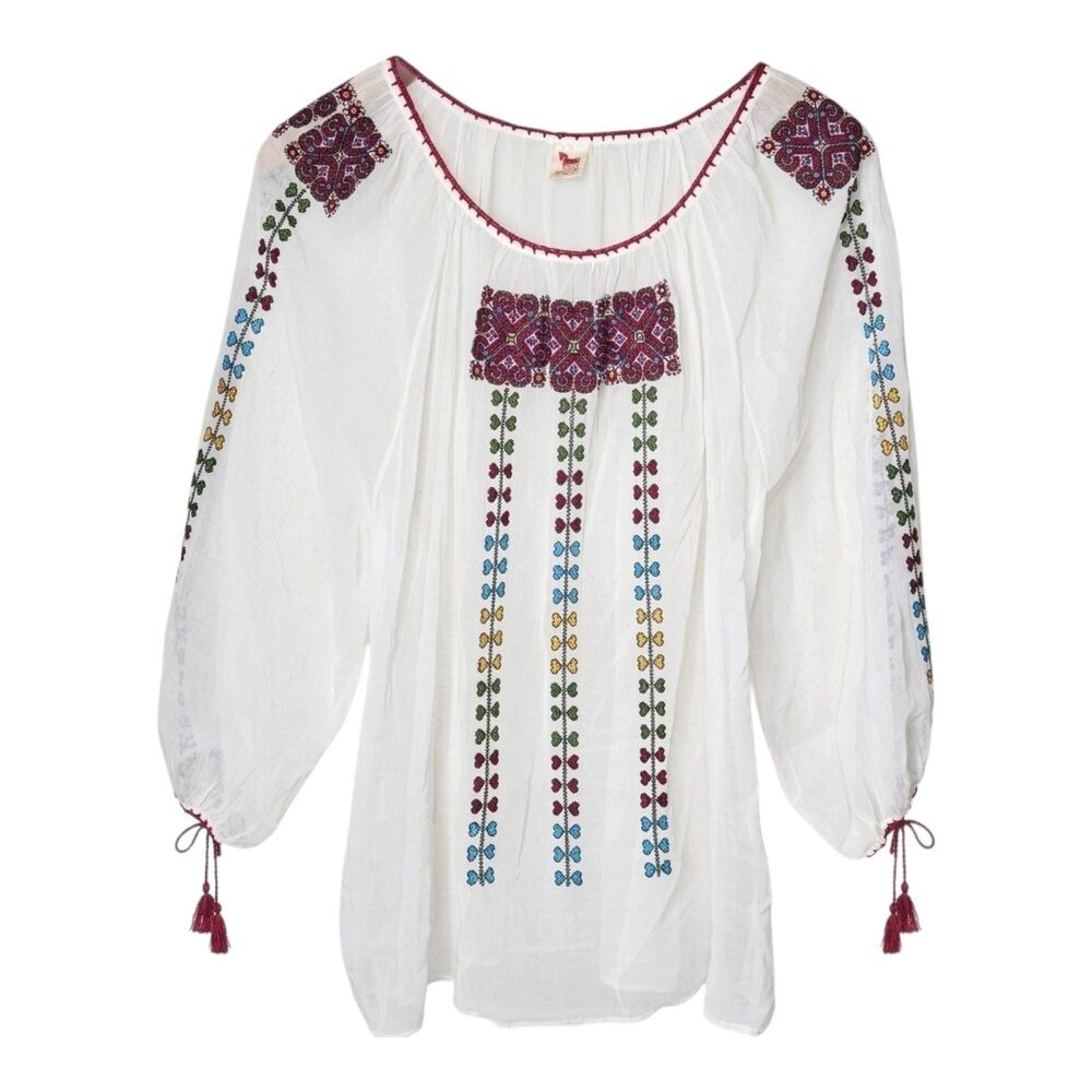 Vintage DOM Ljubljana Yugoslavian Sheer Folk Peasant Top Hand Embroidered Boho